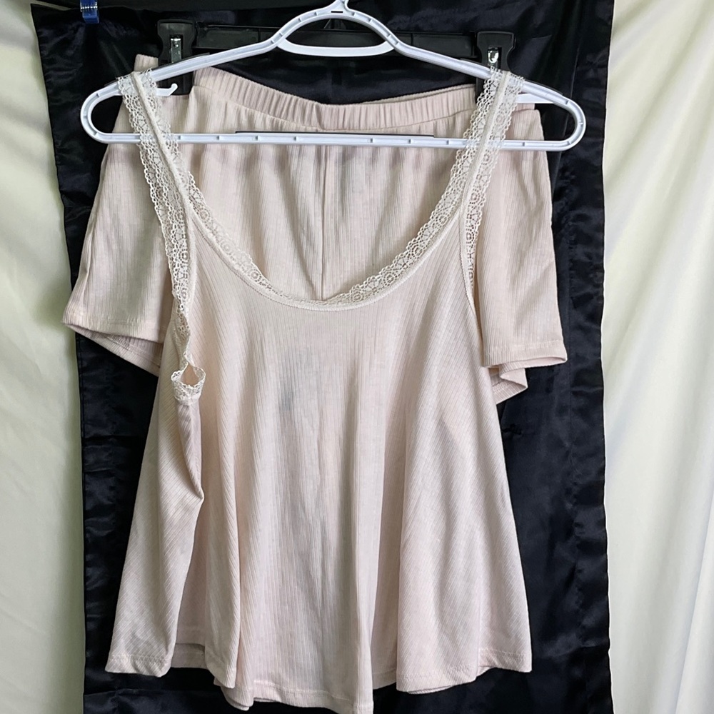Adore Me Blush Cream Lace-Trim Tank and Shorts Pajamas